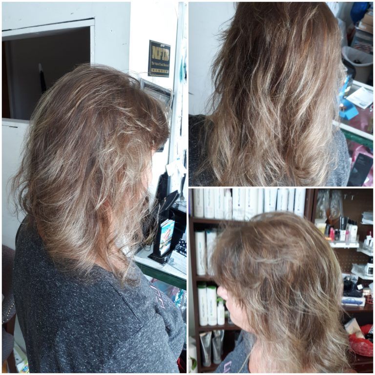 Soft balayage blend adding dimension to long hair, before and after