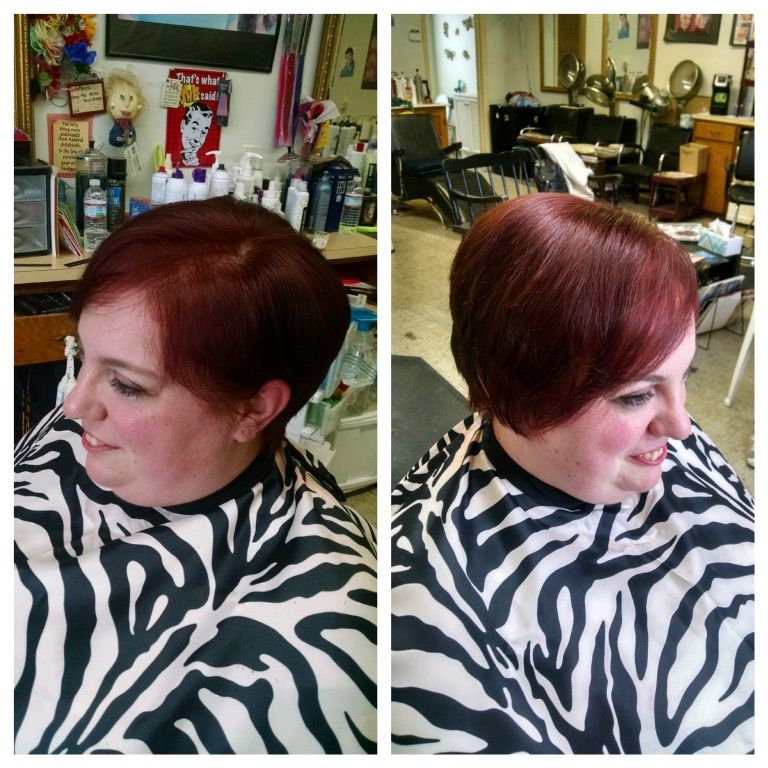 A rich red pixie cut and color styled at Bruce's Cut & Curl, before and after