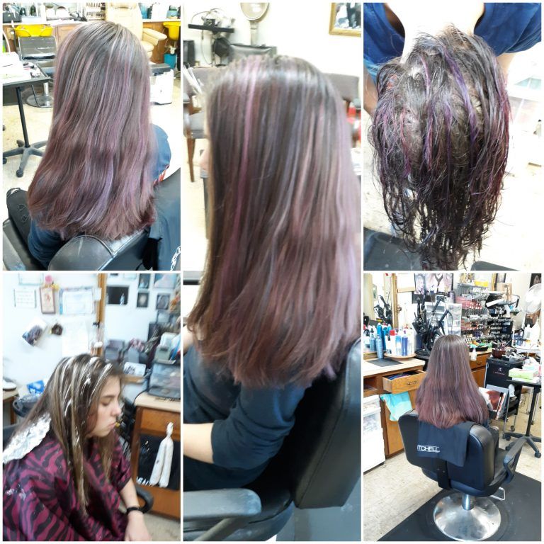 Dimensional violet and pink color woven through long hair